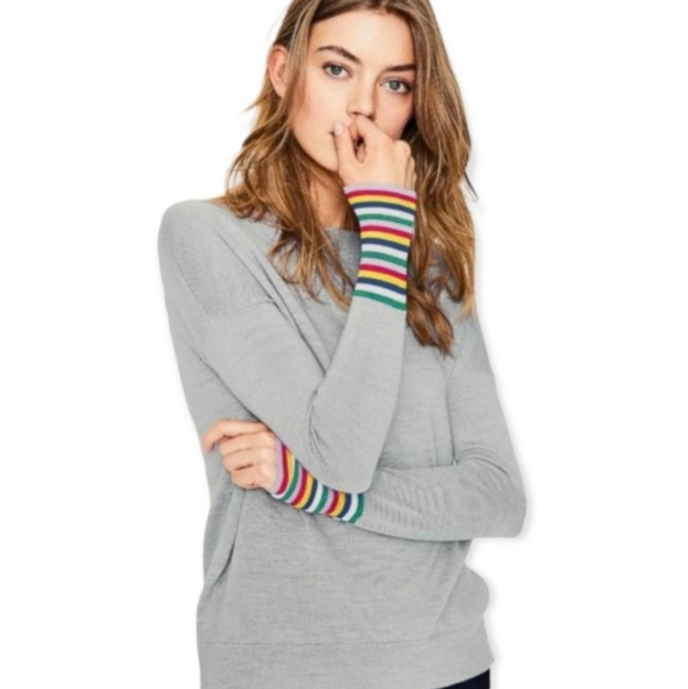 Boden Gray Sweater with Multi-Color Stripe Cuffs